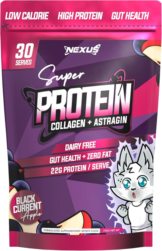 Nexus Protein Water Powder, Blackcurrent Apple Collagen Protein Drink, Dairy-Free, Gluten-Free, Zero Fat, Low Calories, 22g of Protein (per serving), Astragin, Root Extracts, Potassium, 750g (30 Servings)