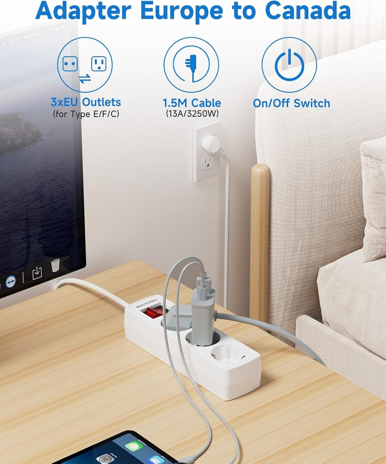 Adapter Europe to Canada, Adaptateur Prise Europe Canada, 3 AC Outlets for European Electronic Devices, Travel from France, Italy, Spain, Germany,13A/3250W
