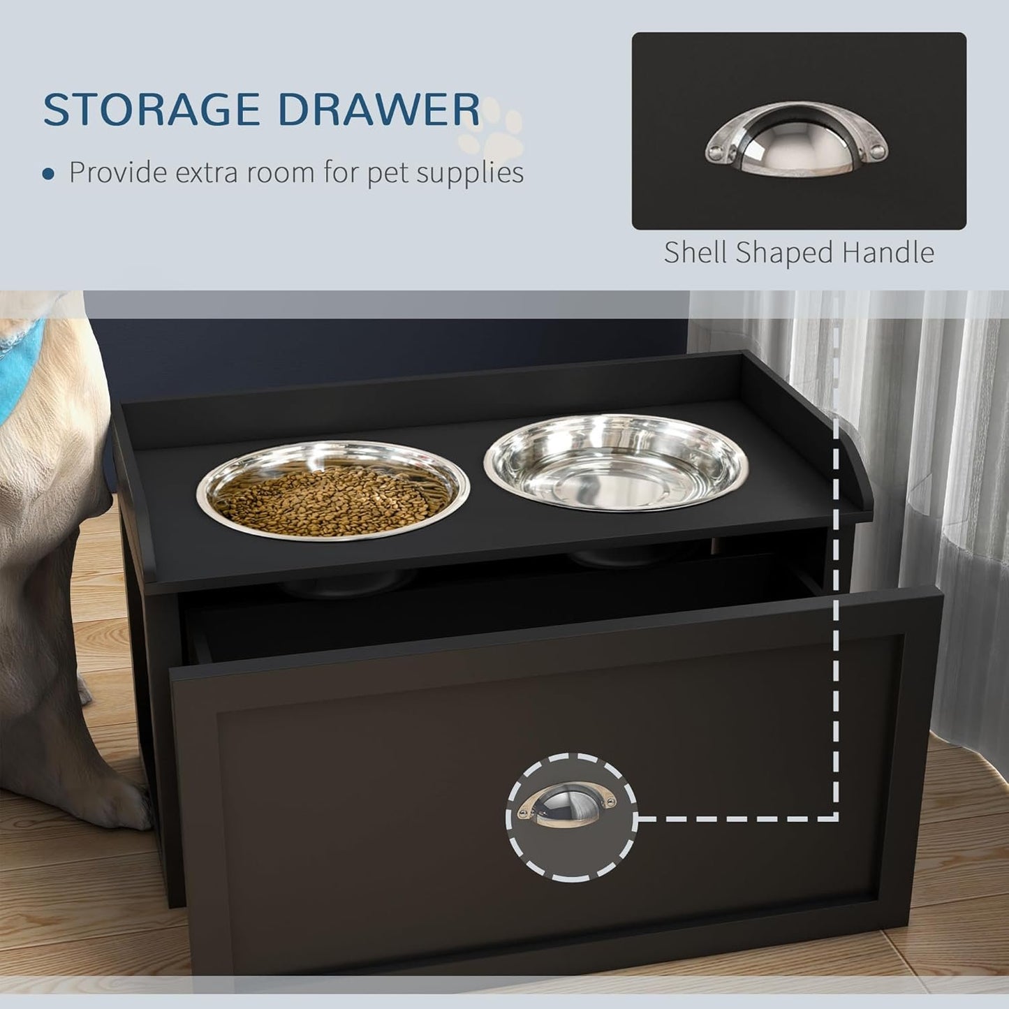 PawHut Elevated Dog Bowls for Large Dogs, Raised Pet Feeding Station with 2 Stainless Steel Bowls, Hidden Storage Drawer, Wood Stand for Cats, Black