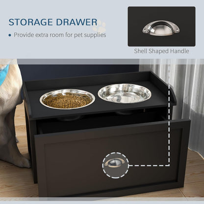 PawHut Elevated Dog Bowls for Large Dogs, Raised Pet Feeding Station with 2 Stainless Steel Bowls, Hidden Storage Drawer, Wood Stand for Cats, Black