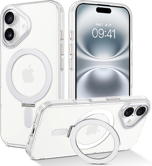 GUAGUA Magnetic for iPhone 16 Case with Kickstand, [Compatible with MagSafe] Phone Case Magnetic Anti-Slip Sturdy Stand Anti-Yellowing Matte Back Cover, Phone Case 6.1" with Ring Holder Clear