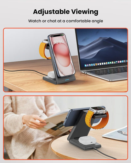3 in 1 Wireless Charging Station Magnetic, Foldable Wireless Charger Stand for Multiple Devices, Wireless Charger for iPhone 16/15/14/13/12, Apple Watch 9/8/7/6/SE/5/4/3/2, AirPods 4/3/2/Pro