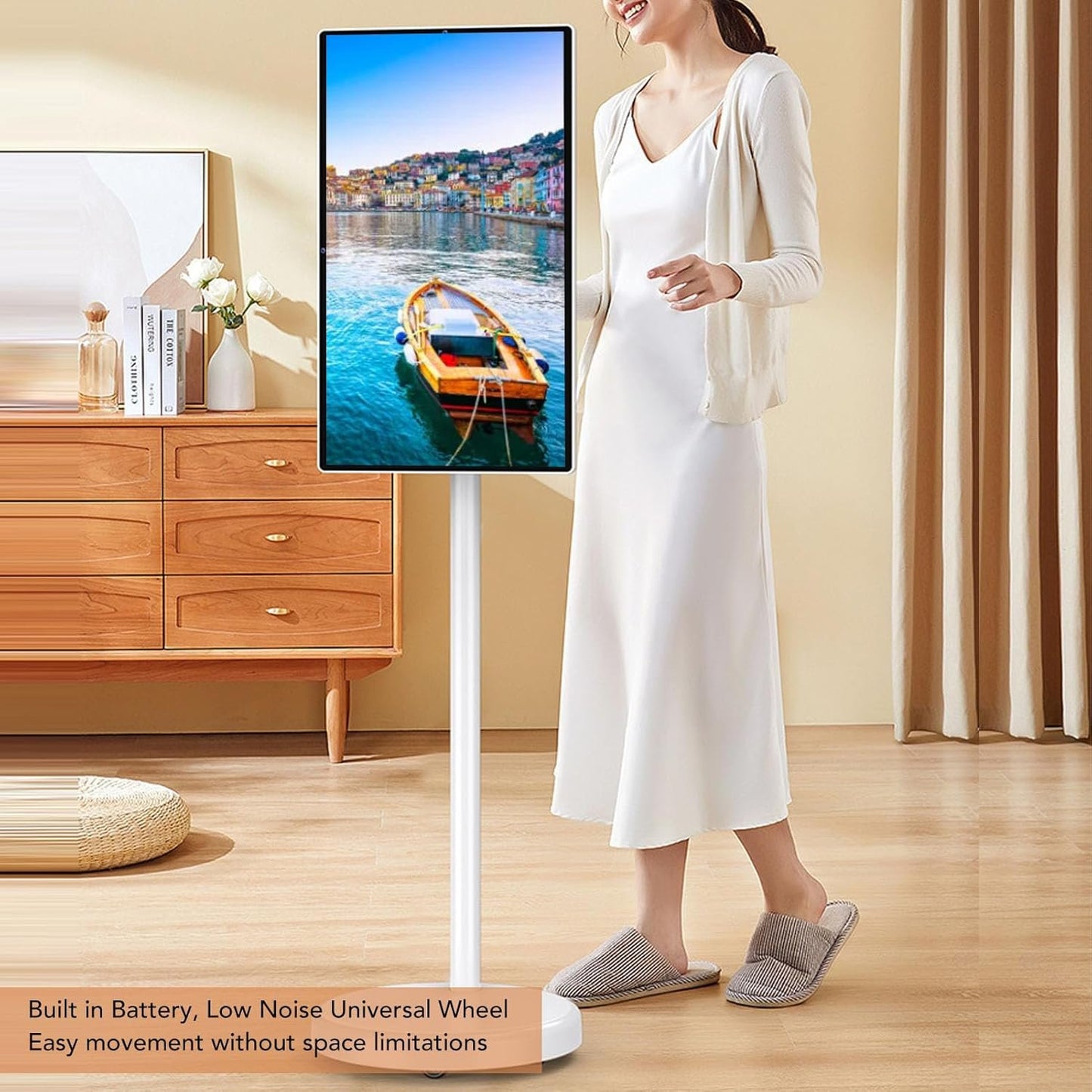 24 Inch Smart Screen Portable TV with Pole Stand & Built in 5MP Camera, 6+128G Movable Touch Display Screen for Live Streaming, Home Entertainment (US Plug 100 to 240V)