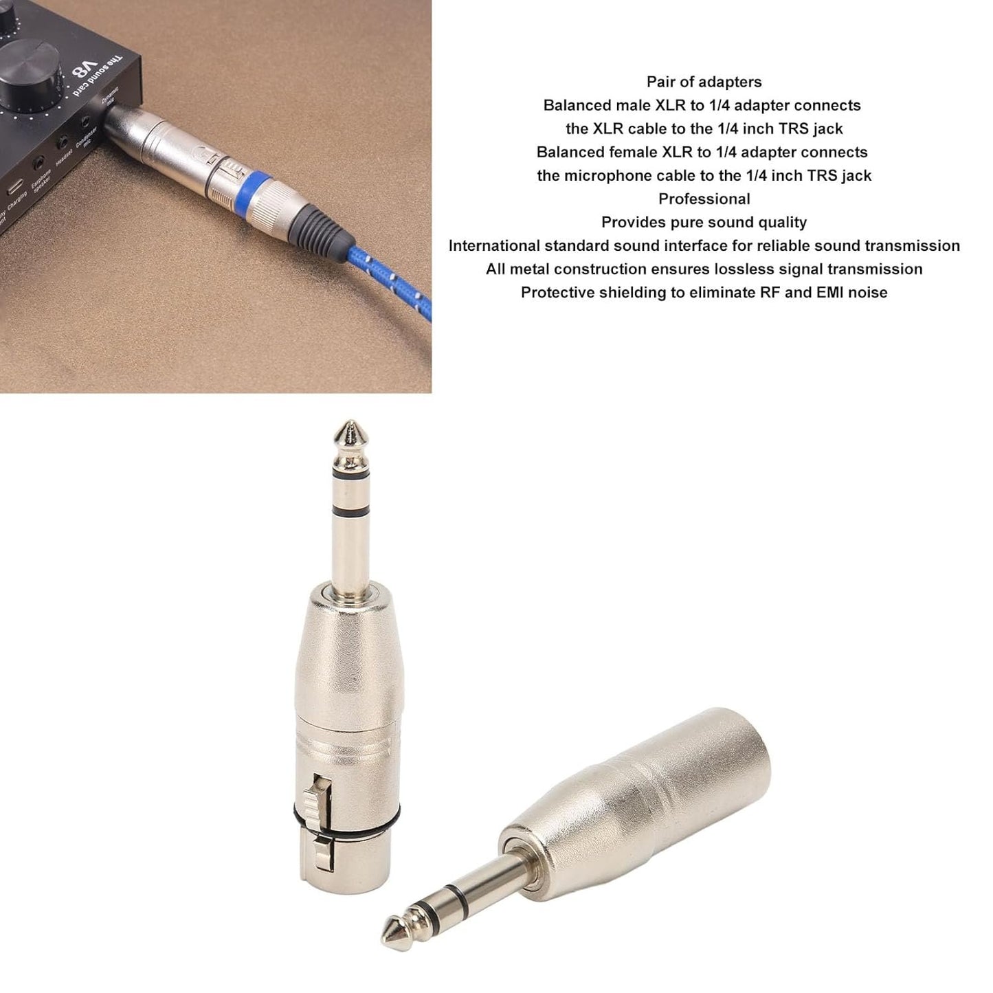 1/4 Inch TRS to XLR Adapter, 2Pcs 1 4 6.5mm Stereo Balanced Female Cables & Leads Male 3Pin and Sound Connector Quarter 6.35mm Microphone Cable for Mixers Microphones Amplifiers