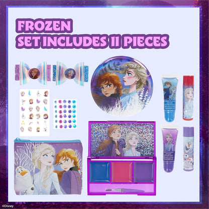 Disney Frozen Townley Girl Makeup Set for Girls with Clips, Lip Gloss, Nail Stickers, Lip Balm, Nail Gems and Mirror for Sleepover and Makeover
