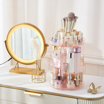 SUNFICON Rotating Makeup Holder Organizer Crystal Pink 360 Rotation Cosmetic Storage Stand Acrylic Makeup Turntable Spin Display Stand Bathroom Vanity Dressing Table Gift Girl Ladt Women