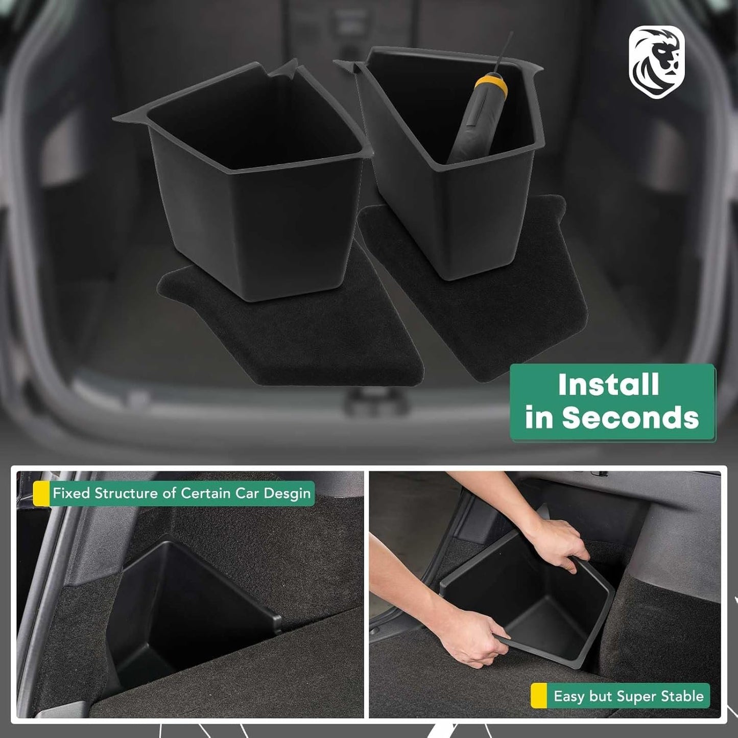 YHTAUTO 2 Pcs Trunk Side Organizer Storage Box with Lids Fit for Tesla Model Y Accessories 2020 2021 2022 Rear Trunk Storage Bins Flocking Waterproof Odorless (For 5-Seater Only)