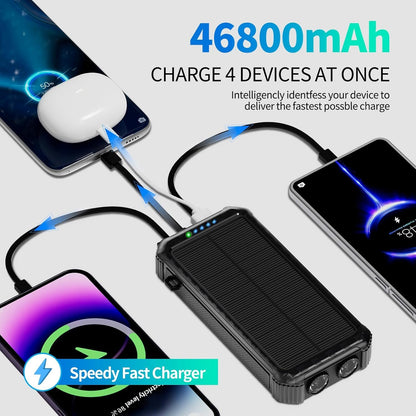 Solar Charger Power Bank 46800mAh, Solar Phone Charger Built-in 3 Cables 15W Fast Charging 4 Output for All Mobile Devices, 2 Inputs Solar Portable Charger with Dual Flashlights&Compass (Orange)