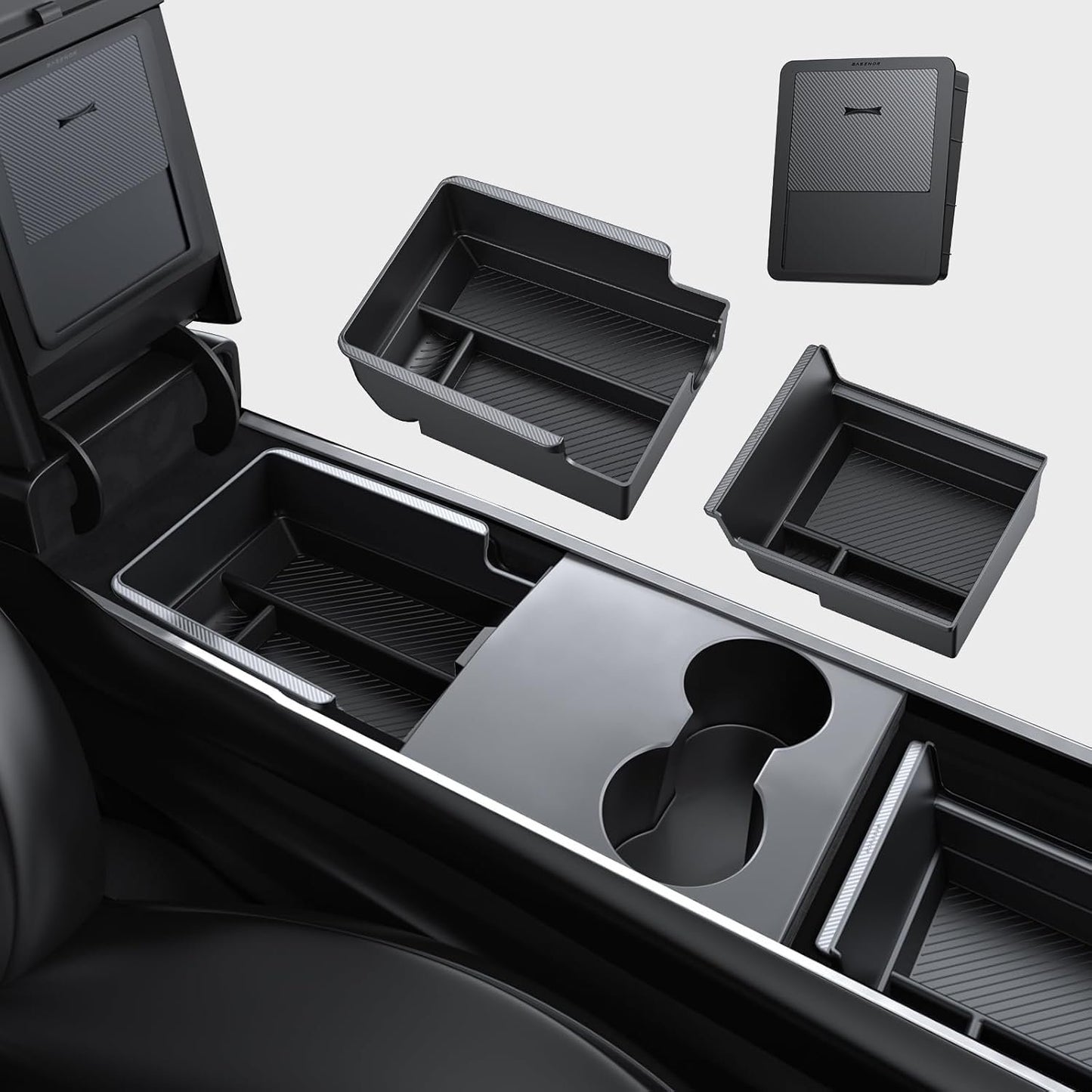 BASENOR 3PCS Tesla Model Y Center Console Organizer [Carbon Fiber Edition] Armrest Hidden Storage Box, Custom for Model Y 2021-2024 Tesla Model 3 2021-2023, Tesla Interior Accessories
