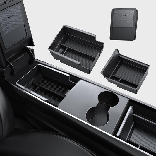 BASENOR 3PCS Tesla Model Y Center Console Organizer [Carbon Fiber Edition] Armrest Hidden Storage Box, Custom for Model Y 2021-2024 Tesla Model 3 2021-2023, Tesla Interior Accessories