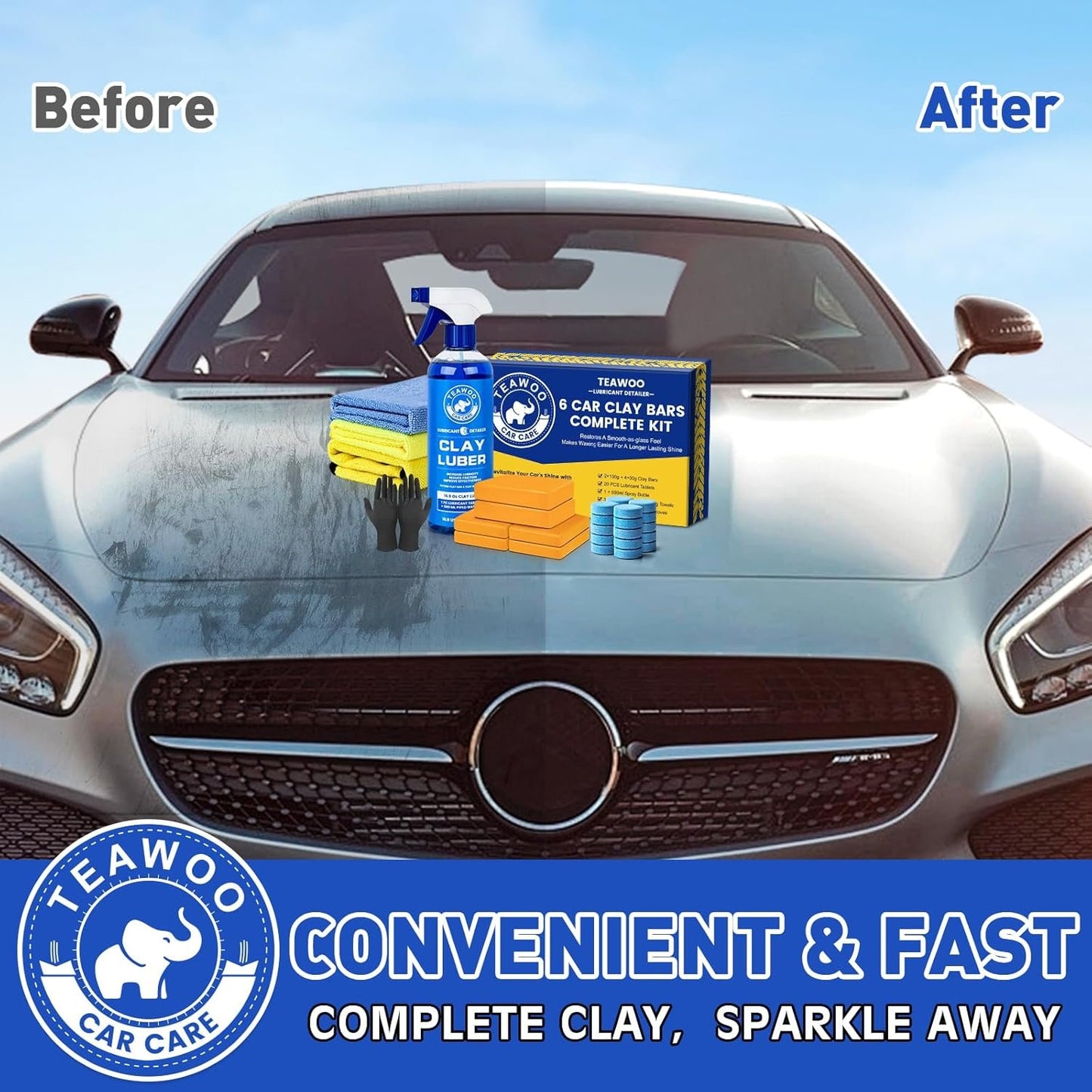 Car Clay Bars Kit, 6 Clay Bars & 20 PCS Lubricant Tablets, Complete Car Detailing Kit, Spray Bottle, Disposable Gloves and Microfiber Towels for Car Detailing Cleaning