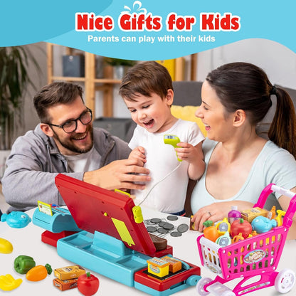 Cash Register for Kids Real Calculator Kids Cash Register with Scanner Toy for 3 4 5 6 7 8 Year Old Boy Pretend Play Store with Music / Food / Shopping Cart Learning Toys Gifts for Boys Ages 4-8
