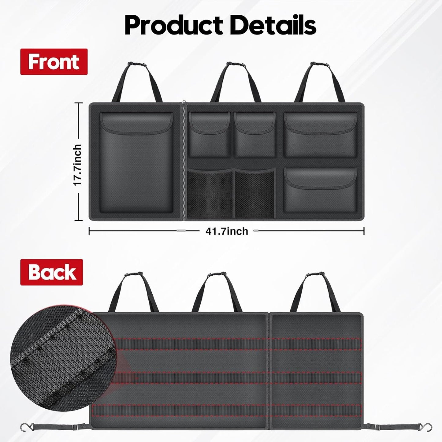 Hanging Trunk Organizer for SUV, Super Capacity Detachable Car Trunk Organizers Back Seat, Foldable Cargo Storage Bag with 7 Pockets & Adjustable Straps for SUVs, Jeeps, Minivans, Maximize Your Space