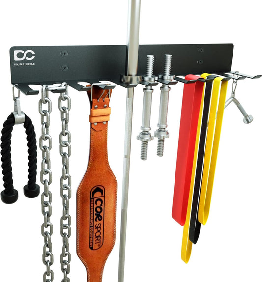 Double Circle Gym Rack Organizer with 12 Hooks, Multi-Purpose Workout Gear Wall Rack Hanger for Home and Pro Gym Storage for Exercise Bands, Barbell Bars, Chains, Lifting Belts (Hardware Included)