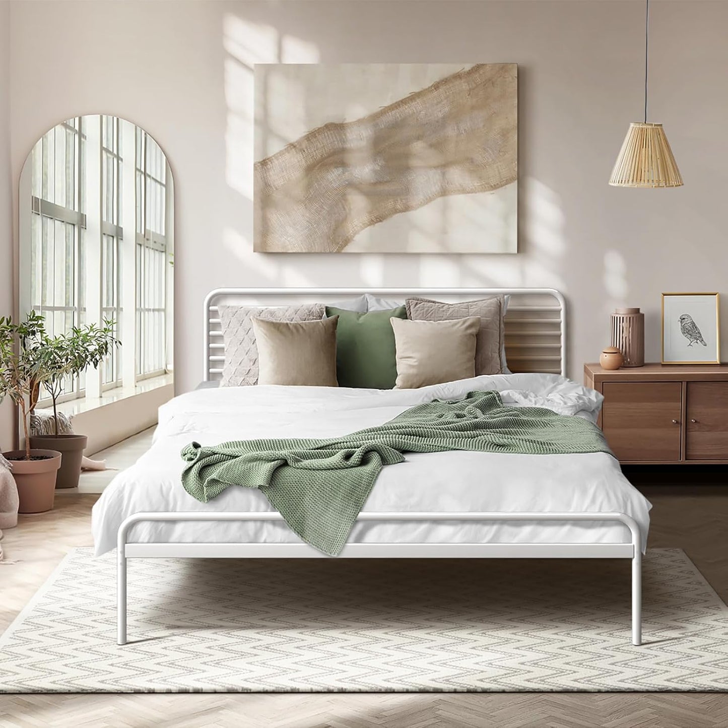 Oikiture Bed Frame Double Metal Bed Base with Headboard White