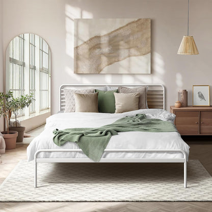 Oikiture Bed Frame Double Metal Bed Base with Headboard White