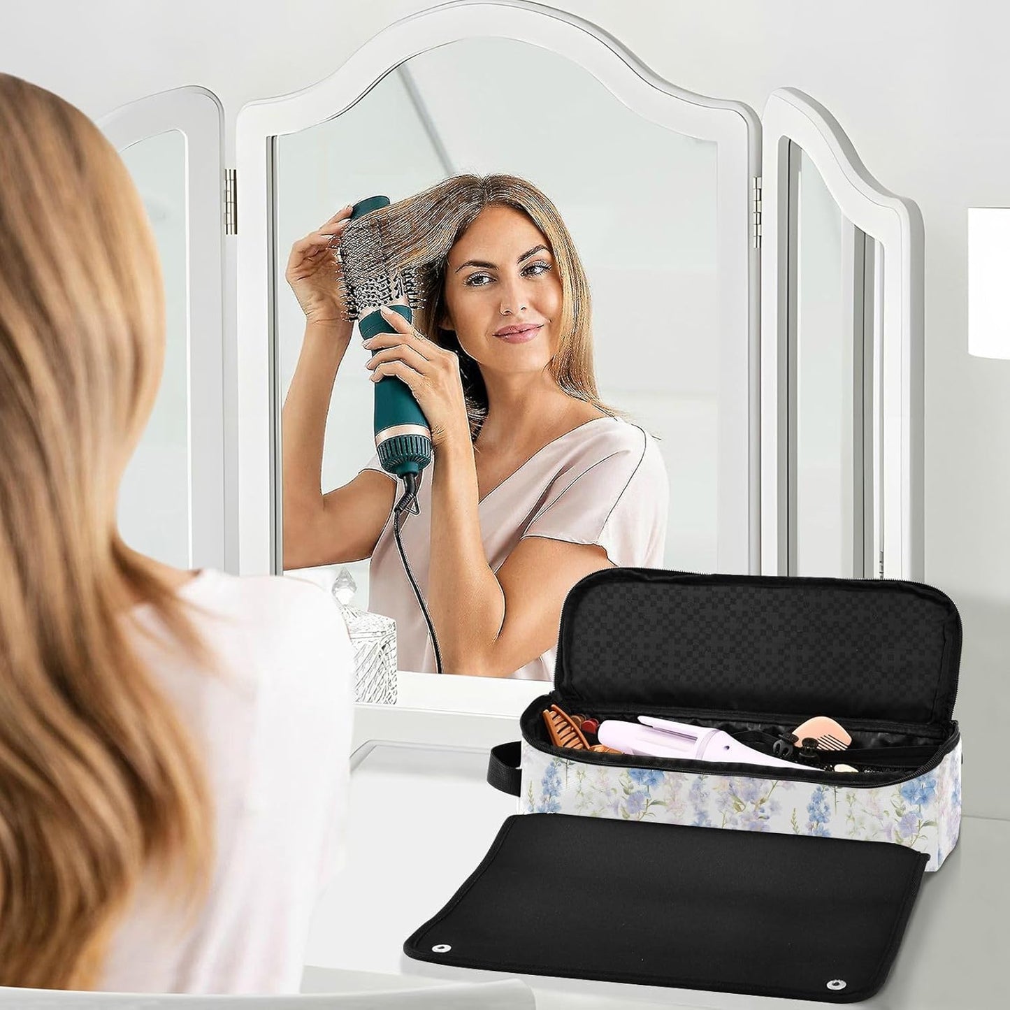 Organizzatore 2 in 1 per strumenti per capelli, con tappetino rimovibile resistente al calore, custodia da viaggio a doppio strato per utensili caldi e accessori per la cura dei capelli, borsa da