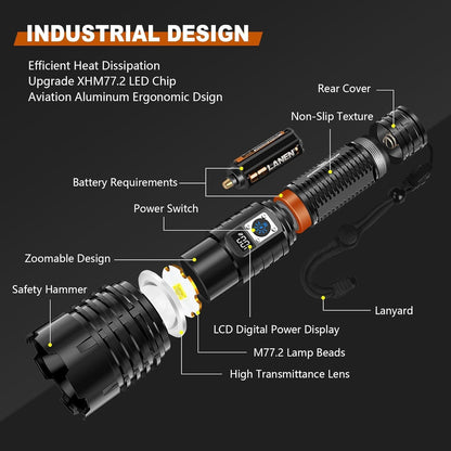 LED Torch Rechargeable Flashlight, Shadowhawk 30000 Lumens XHM77.2 Super Bright Torches, Handheld Torch Flashlight, Powerful Tactical Torch Waterproof Flash Light for Emergency Camping Gift