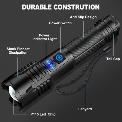 Rechargeable Flashlights High Lumens, Powerful Tactical Waterproof Handheld Flashlights for Emergencies Camping