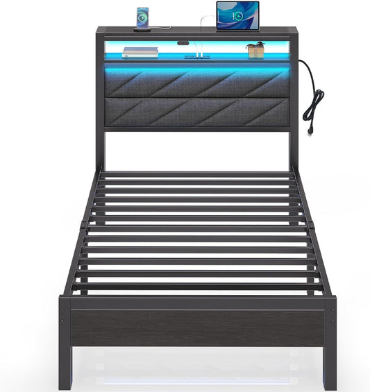 Seventable Bed Frame Twin Size with Charging Station, LED Bed with Upholstered Storage Headboard, Metal Single Platform with Under Bed Storage, No Box Spring Needed, Easy Assembly, Grey