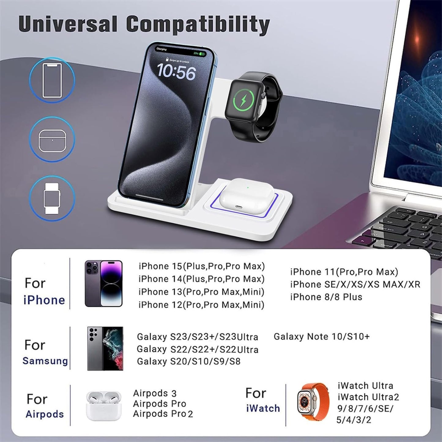 3 in 1 Wireless Charger, 15W Fast Wireless Charging Station Stand Compatible with iPhone 16 15 14 13 12 11 XS Series, Air Pods Pro 2/4/3, Apple Watch Series 10/Ultra2/9/8/7/6/5/4/3/2/SE,White