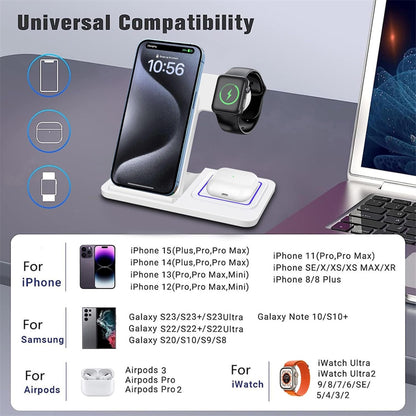 3 in 1 Wireless Charger, 15W Fast Wireless Charging Station Stand Compatible with iPhone 16 15 14 13 12 11 XS Series, Air Pods Pro 2/4/3, Apple Watch Series 10/Ultra2/9/8/7/6/5/4/3/2/SE,White