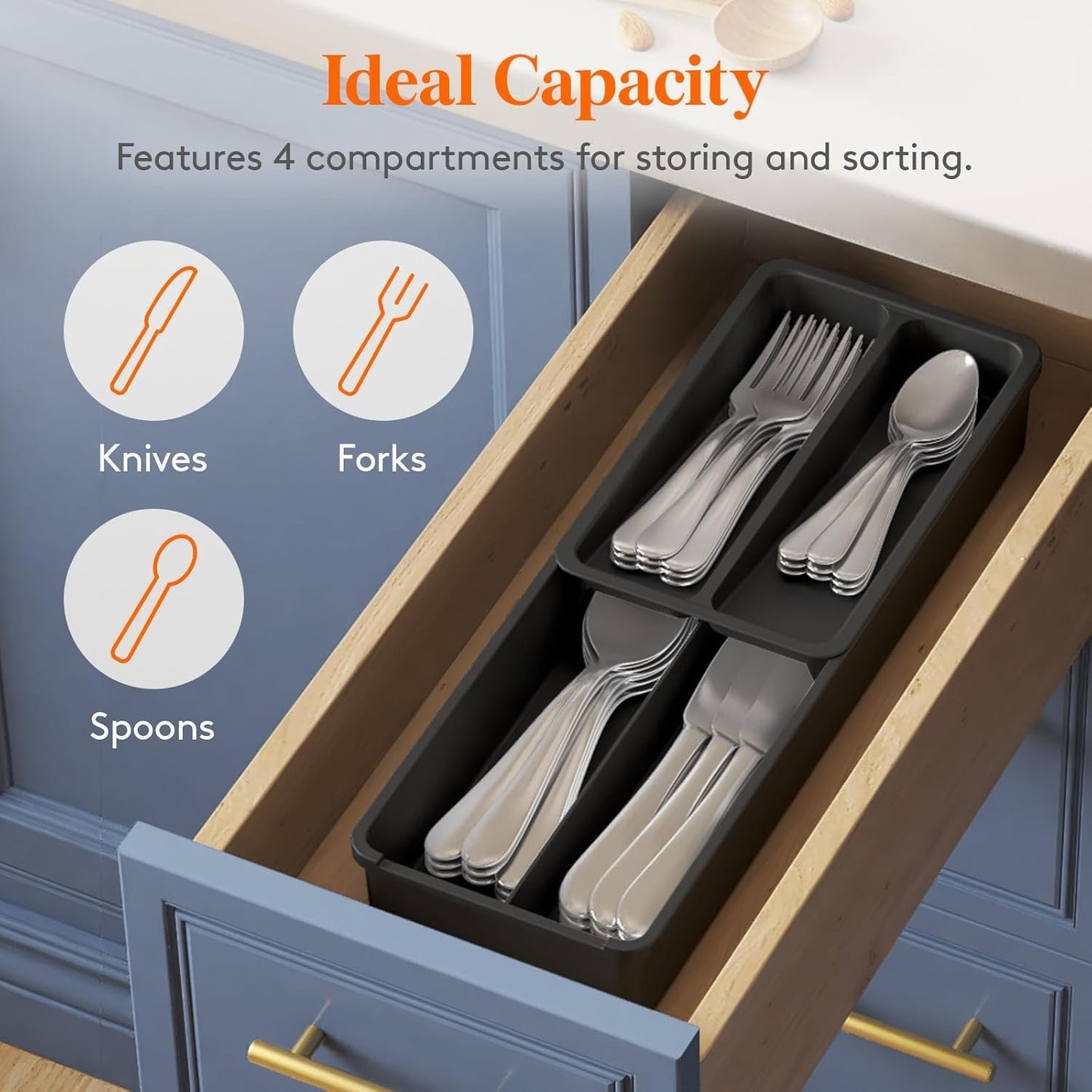 Lifewit Compact Silverware Organizer for Kitchen Drawer, Narrow Flatware Tray Holder, Plastic Cutlery Spoons, Forks and Knives Storage, Black, 1 Pack