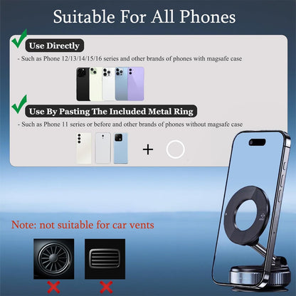 Upgraded Vacuum Suction Magnetic Car Phone Holder, 360° Adjustable Suction Cup Phone Mount, Foldable Portable Cell Phone Holders for Car/Mirrors/Smooth Surface