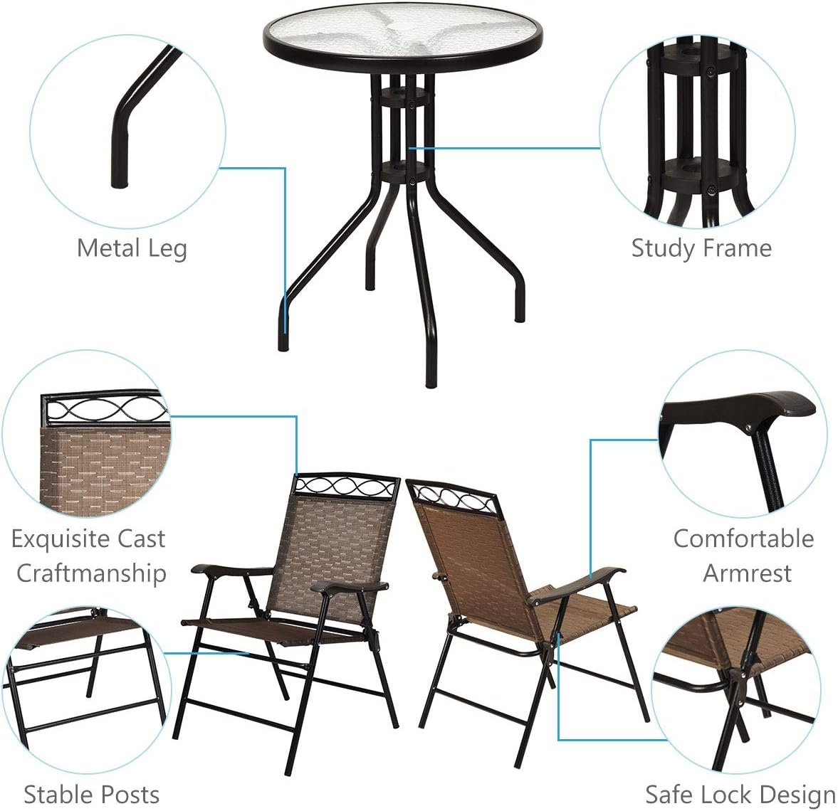 S AFSTAR 3-Piece Bistro Set, Patio Dining Furniture Set, Round Textured Glass Tabletop w/Umbrella Hole, Outdoor Conversation Set for Backyard Garden Poolside
