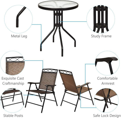 S AFSTAR 3-Piece Bistro Set, Patio Dining Furniture Set, Round Textured Glass Tabletop w/Umbrella Hole, Outdoor Conversation Set for Backyard Garden Poolside