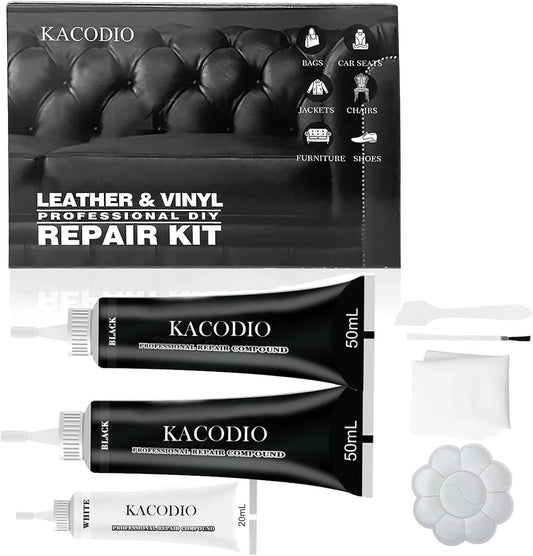 KACODIO Black Leather & Vinyl Repair Kit for Car Interiors, Seats, Furniture & Accessories | Fix Scratches, Tears, Burns on Genuine, Faux, PU Leather | Easy Color Matching & Step-by-Step Instructions