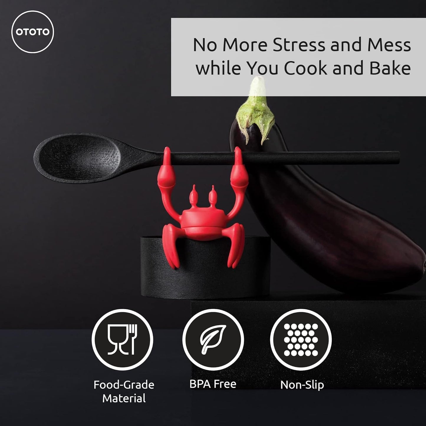 OTOTO Red The Crab Utensil Rest - Cooking Gifts, Spoon Rest Repose Cuillère - Heat-Resistant Steam Releaser, Non-Slip Spoon Holder, Chopstick Holder