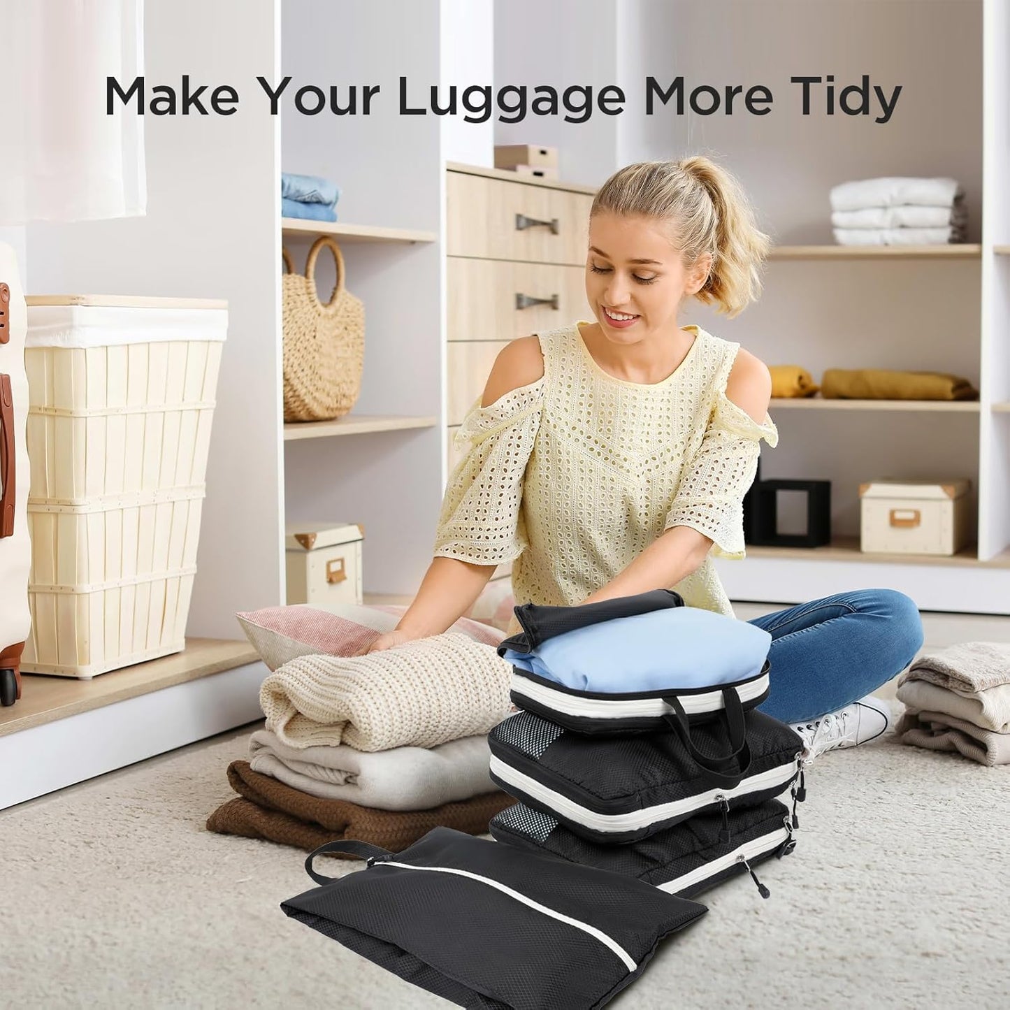 AiQInu 4-Piece Suitcase Organizer, Compression Packing Cube Space-Saving Expandable Ultralight Travel Organizer for Clothes, Shoes, Underwear Travel Set for Backpacks or Hand Luggage