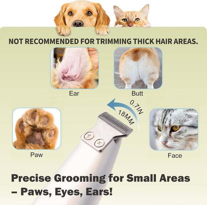Dog Grooming Kit with LED Light, 18mm Blade Cat Clippers for Grooming, 35dB Low Noise Pet Paw Trimmer, USB Rechargeable, Waterproof IPX4, Precision Clippers for Paws, Ears, Face, and Rump
