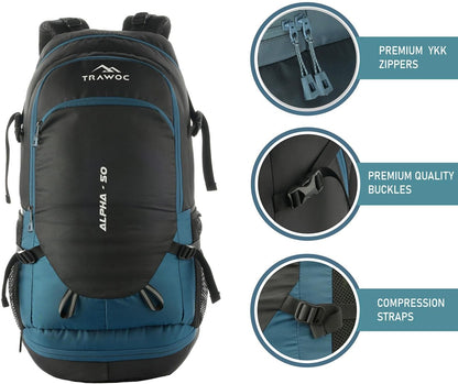 TRAWOC ALPHA 50 Litre Travel Backpack Water Resistant Daypack Bag for Cycling Trekking Hiking Camping for Men & Women