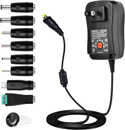 30W Universal Power Adapter, 3V 4.5V 5V 6V 7.5V 9V 12V Universal AC/DC Adapter, Adjustable 12V DC Power Supply for Household Electronics