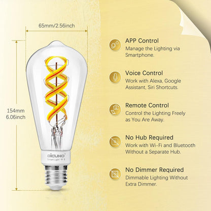 DiCUNO Smart Bulbs, E27 LED Edison Bulbs ST64, Dimmable WiFi Light, Compatible with Alexa or Google Assistant, 5W (50W Equivalent), 450LM, 100-240V, 2700K-6500K, No Hub Required