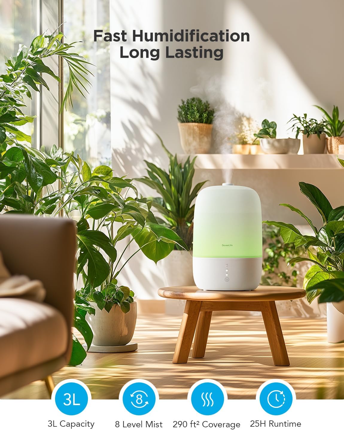 GoveeLife Smart Humidifiers for Bedroom, 3L Top Fill Cool Mist Humidifiers with Essential Oil Diffuser, Humidity Control, WiFi Air Humidifier with Night Light, for Baby, Plants, Home, Work with Alexa