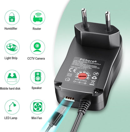 [Upgraded Version] PChero 30W AC/DC Universal Switching Electric Power Adapter with 9 DC Plugs, Including USB Socket for 3 V to 12 V Household Electronic Devices – 2000 mA Max.