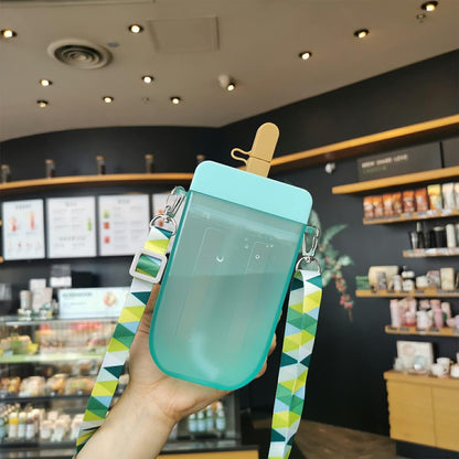 Popsicle Water Bottle with Strap, Creative Kawaii Water Bottle with Straw for Kids Transparent Water Jug Juice Drinking Cup Suitable for Camping Outdoor Travel Kids School 300ML