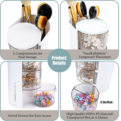 WCHOSOZH 3-Tier Clear Hair Accessories Organizer with Hair Brushes Holder, Rotatable Drawer Makeup Sponge Holder Desktop Organizer Case for Makeup Brushes,Lipsticks,Q-tip,Stationeries (White)