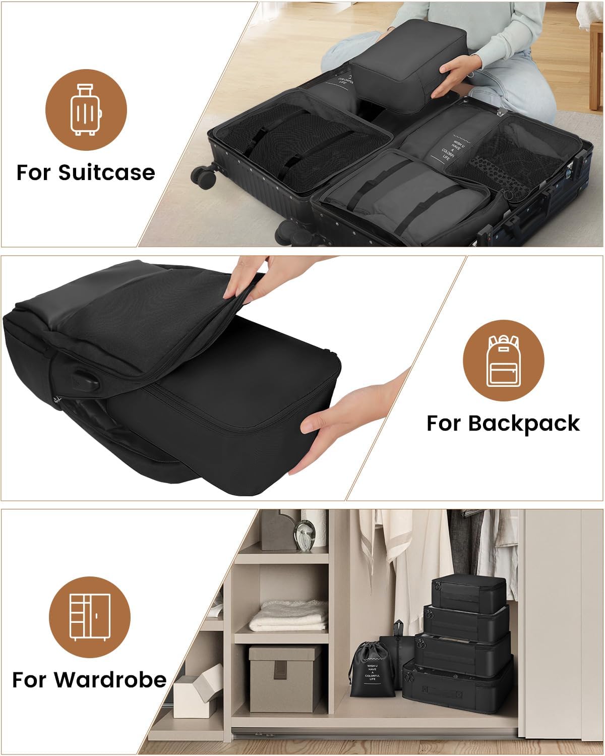 Besttravel 7-Piece Travel Organizer Backpack Travel Essentials Travel Organizer Waterproof Packing Cube Black