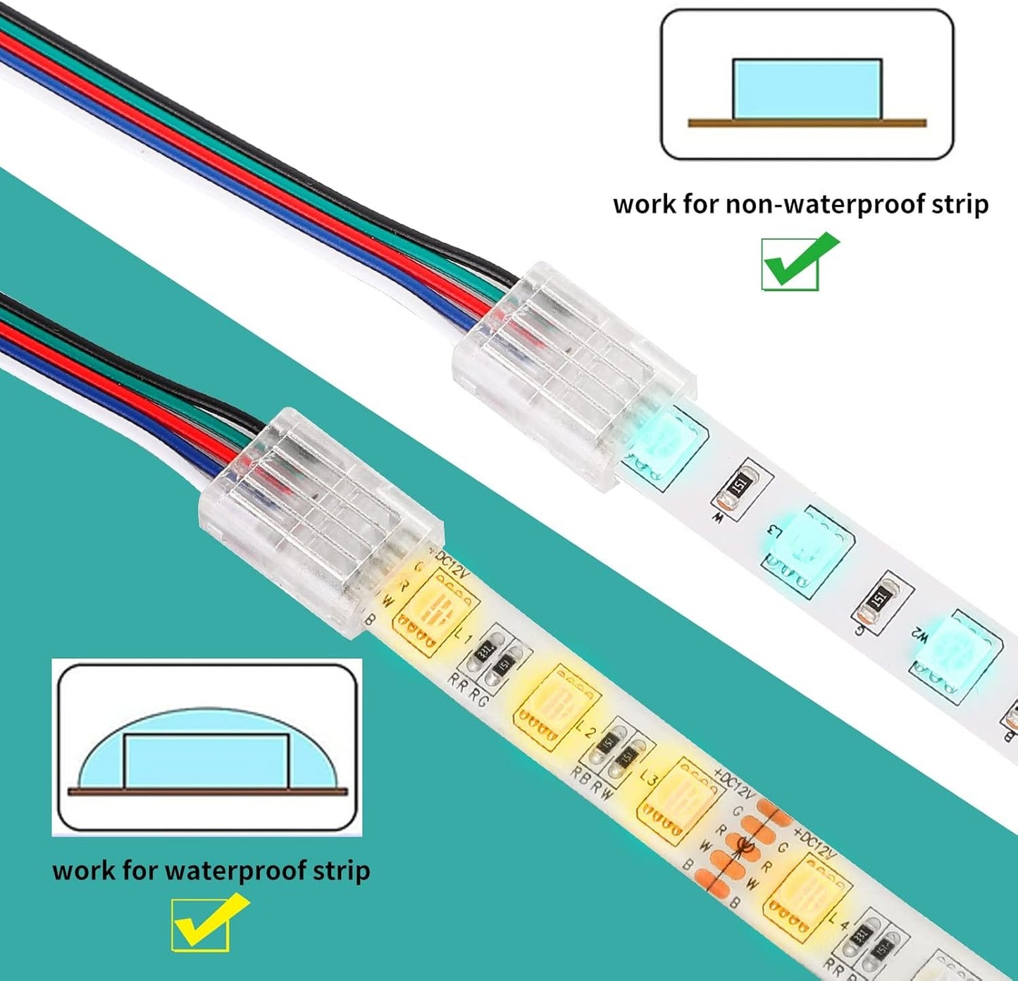 HOMELYLIFE 5 Pin LED Strip Connectors 12mm Solderless 10 Pcs with 16.4ft Extension Cable 5 Conductor for Waterproof or Non-Waterproof 12mm Wide RGBW RGBWW LED Strip Lights
