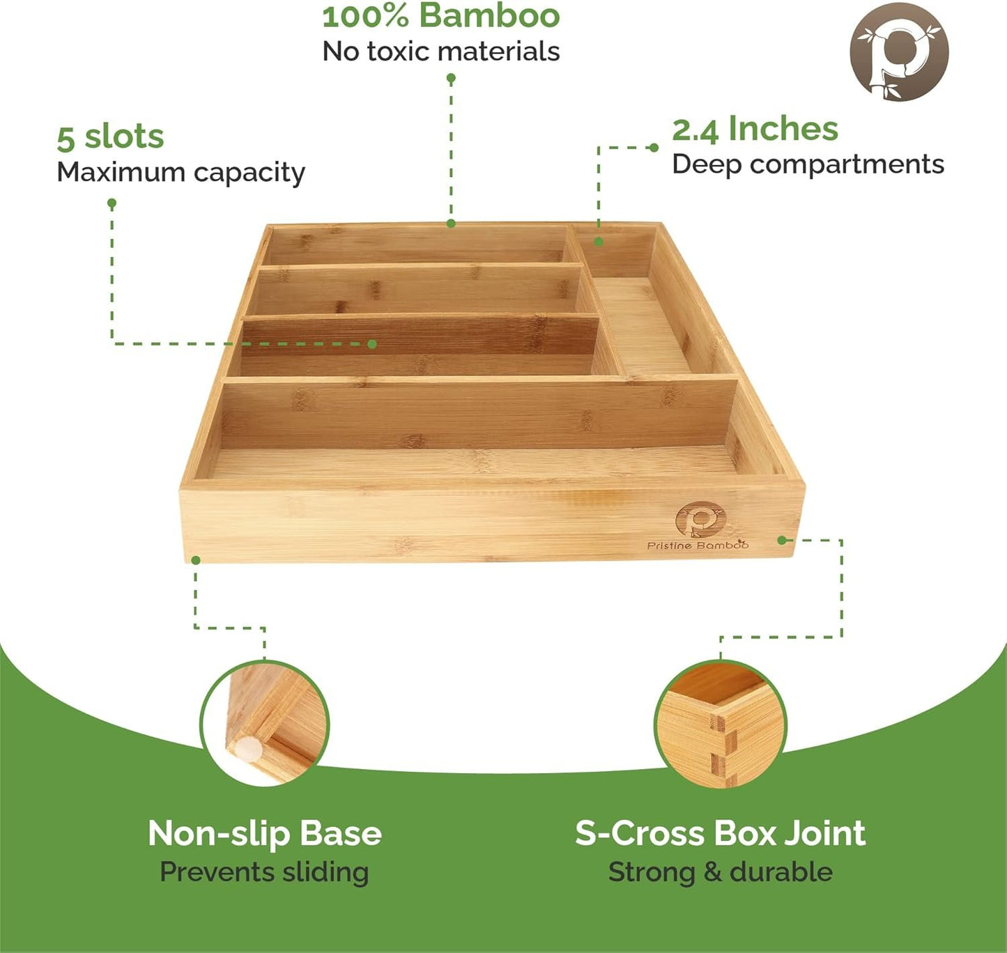 PRISTINE BAMBOO 10 inch silverware tray organizer– Flatware Utensil Cutlery Silverware Holder for Drawer – Small Extra-Deep Wooden Kitchen Drawer Organizer Divider for Spoons Forks Knives cutleries