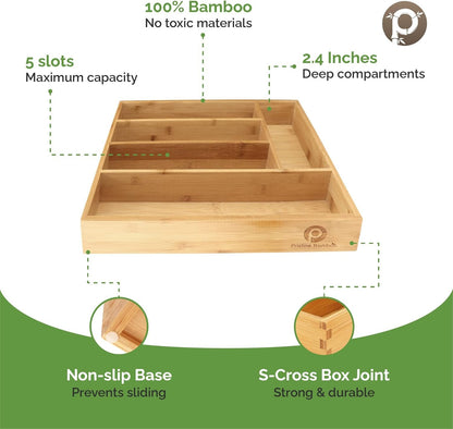 PRISTINE BAMBOO 10 inch silverware tray organizer– Flatware Utensil Cutlery Silverware Holder for Drawer – Small Extra-Deep Wooden Kitchen Drawer Organizer Divider for Spoons Forks Knives cutleries