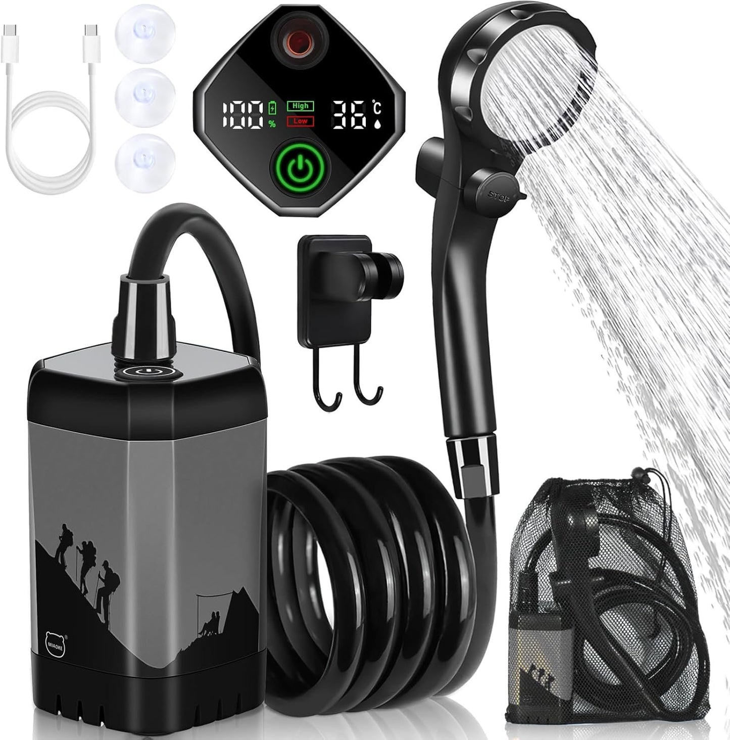 MIAOKE Upgrade Portable Camping Shower, 7800mAh Electric Outdoor Shower, Rechargeable Pump with Intelligent Digital Display, Temperature Display, Shower Head for Camping, Hiking