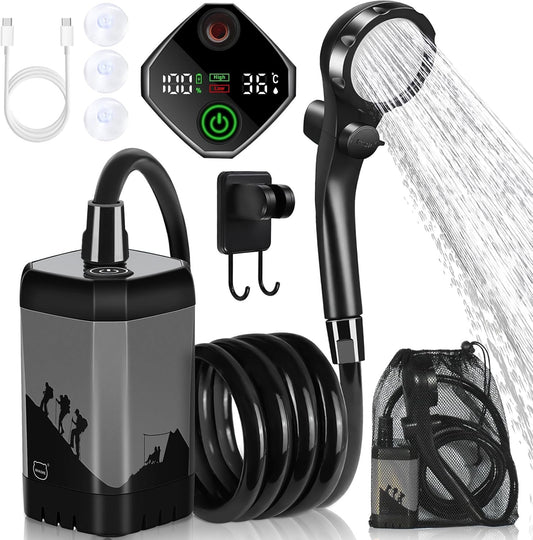 MIAOKE Upgrade Portable Camping Shower, 7800mAh Electric Outdoor Shower, Rechargeable Pump with Intelligent Digital Display, Temperature Display, Shower Head for Camping, Hiking