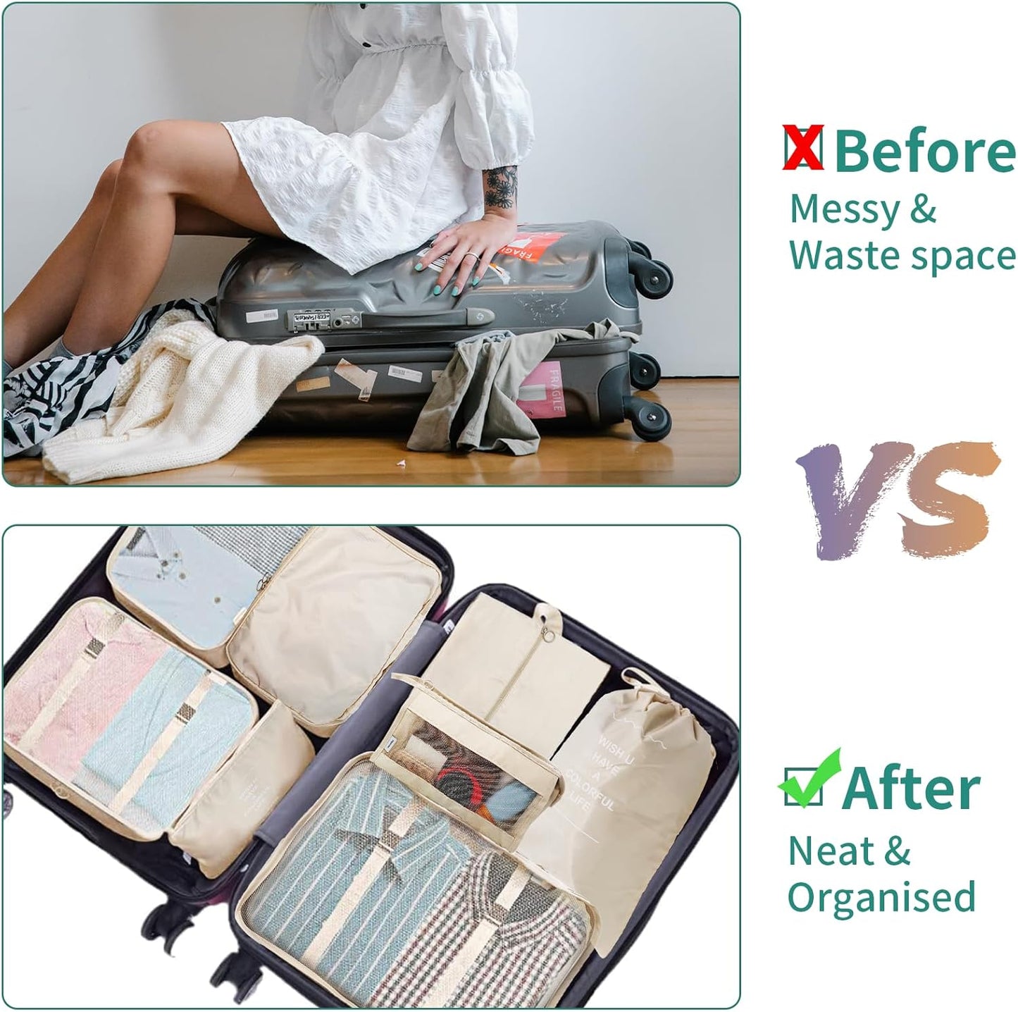 Suitcase Organizer, 8 in 1 Suitcase Organizer, Travel Accessories Organizer, Travel Bag for Clothes, Shoes, Underwear, Cosmetics Packing Cubes Organizer-Beige