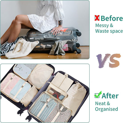 Suitcase Organizer, 8 in 1 Suitcase Organizer, Travel Accessories Organizer, Travel Bag for Clothes, Shoes, Underwear, Cosmetics Packing Cubes Organizer-Beige