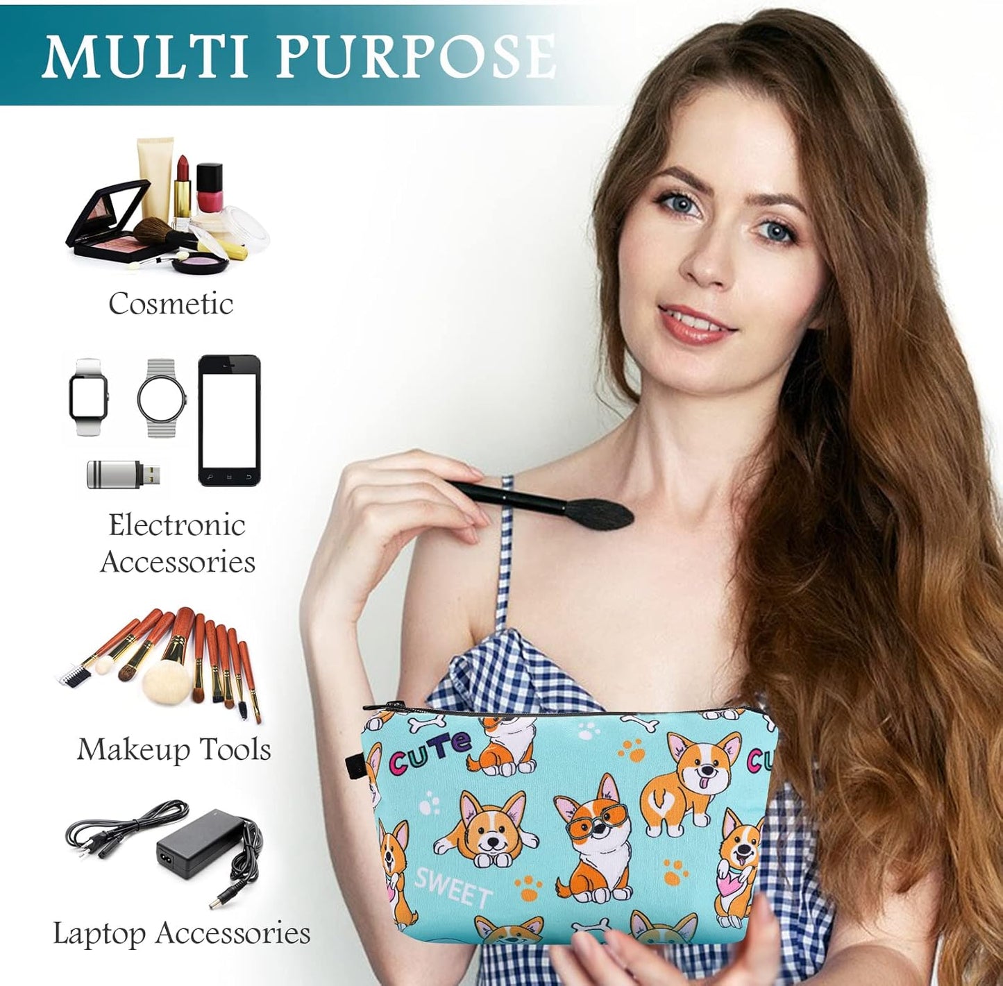 Sibba Canvas Cosmetic Bag, Small Money Bag, Hook & Loop Closure Pen Holder, Cosmetic Bag, Makeup Organizer, Travel Accessories for Teenagers and Girls, Shiba Pattern, Bag Organizer